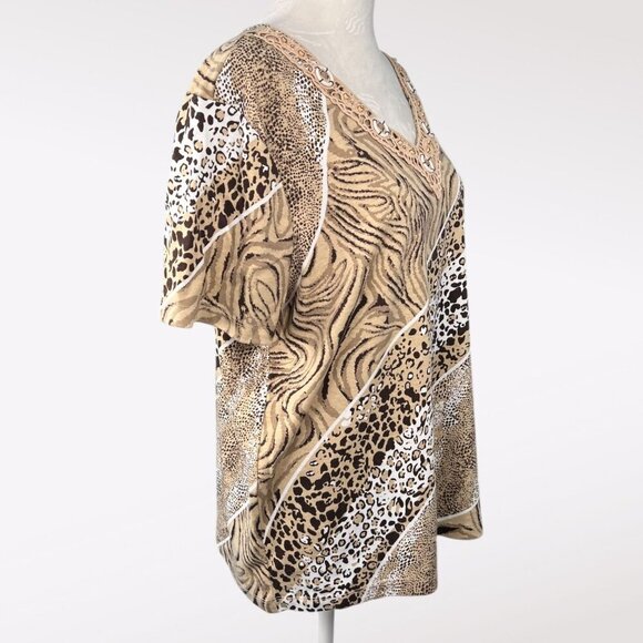 Rebecca Malone Animal Print Short Sleeve Top Crochet Beaded Neckline Size XL - Picture 6 of 9